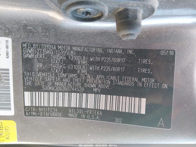 Продажа на аукционе авто 2016 Toyota Sienna Le, vin: 5TDKK3DC3GS744529, номер лота: 46204598