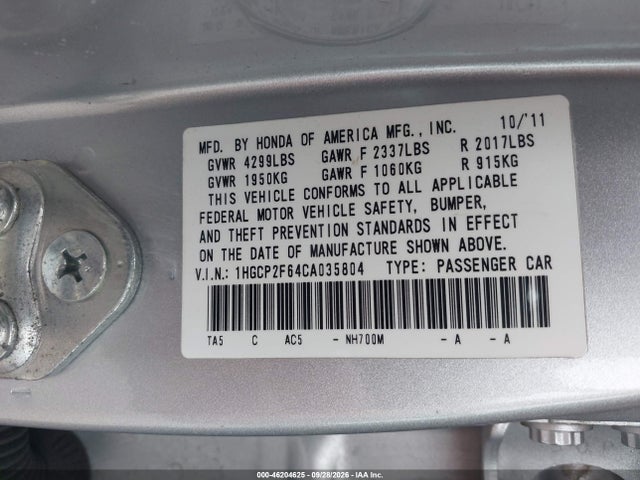 46204625 :رقم المزاد ، 1HGCP2F64CA035804 vin ، 2012 Honda Accord 2.4 Se مزاد بيع