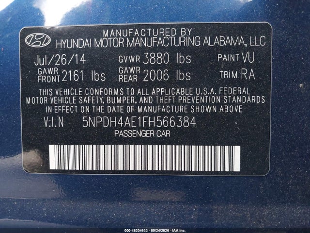 Hyundai ELANTRA SE 2015 5NPDH4AE1FH566384 Image 9