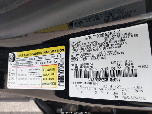 2016 Ford Fusion Titanium მანქანა იყიდება აუქციონზე, vin: 3FA6P0K92GR186092, აუქციონის ნომერი: 46204648