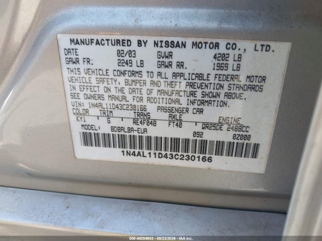 Продаж на аукціоні авто 2003 Nissan Altima Sl, vin: 1N4AL11D43C230166, номер лоту: 46204652