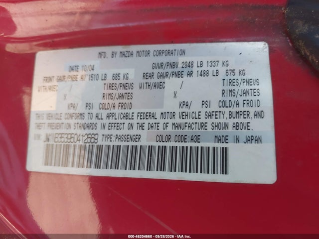 46204660 :رقم المزاد ، JM1NB353950412669 vin ، 2005 Mazda Mx-5 Miata Cloth مزاد بيع