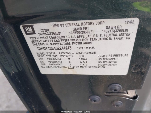 Продаж на аукціоні авто 2003 Gmc Envoy Slt, vin: 1GKDT13S432244243, номер лоту: 46204688