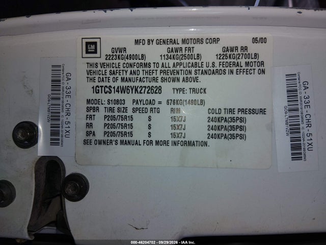 46204702 :رقم المزاد ، 1GTCS14W6YK272628 vin ، 2000 Gmc Sonoma Sl مزاد بيع