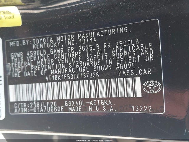 46204703 :رقم المزاد ، 4T1BK1EB3FU137336 vin ، 2015 Toyota Avalon Xle Premium مزاد بيع