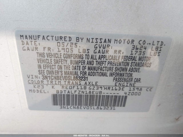 Aukcja sprzedaży 2025 Nissan Versa 1.6 Sv, vin: 3N1CN8EV0SL863231, numer aukcji: 46204705