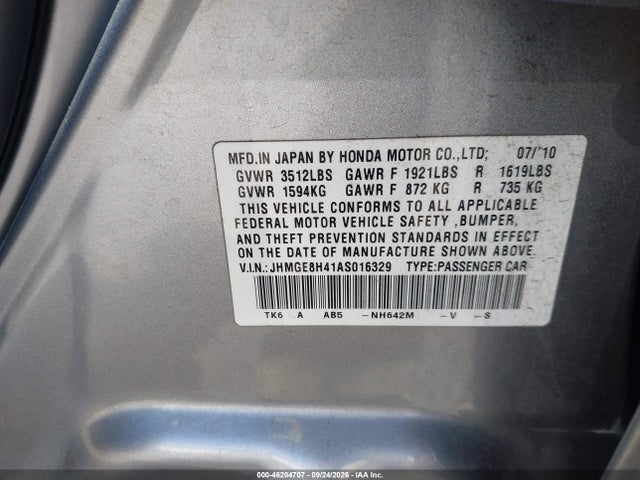 2010 Honda Fit Sport მანქანა იყიდება აუქციონზე, vin: JHMGE8H41AS016329, აუქციონის ნომერი: 46204707