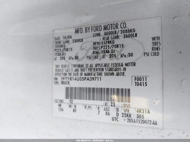 Продажа на аукционе авто 2005 Ford Ranger Edge/stx/xl/xlt, vin: 1FTYR14U35PA39711, номер лота: 46204715
