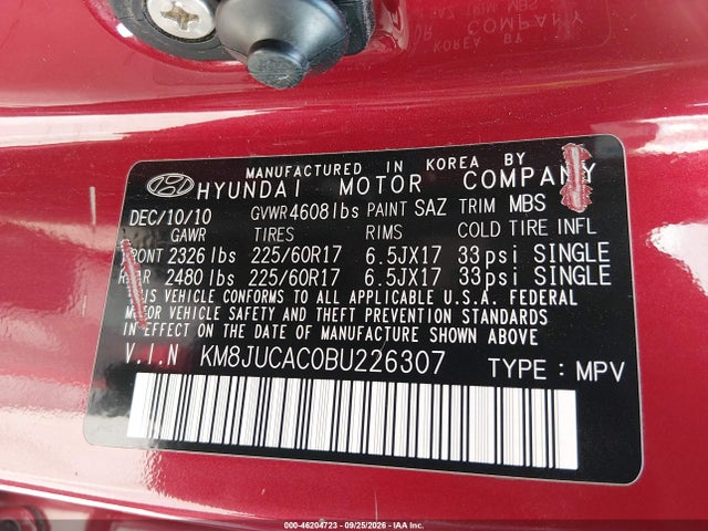 Продажа на аукционе авто 2011 Hyundai Tucson Gls, vin: KM8JUCAC0BU226307, номер лота: 46204723
