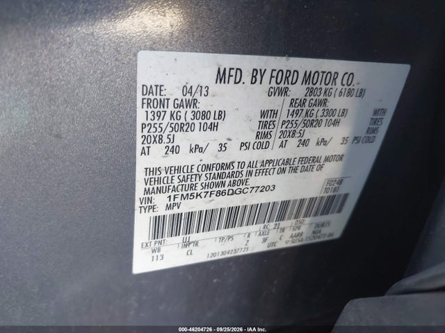 Aukcja sprzedaży 2013 Ford Explorer Limited, vin: 1FM5K7F86DGC77203, numer aukcji: 46204726