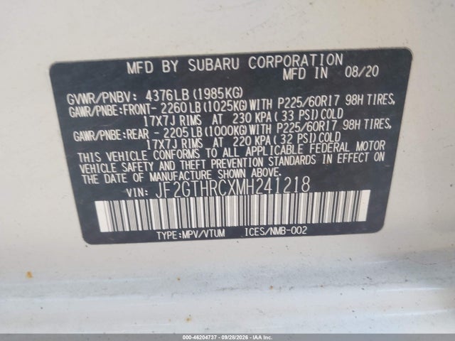 2021 Subaru Crosstrek Sport მანქანა იყიდება აუქციონზე, vin: JF2GTHRCXMH241218, აუქციონის ნომერი: 46204737