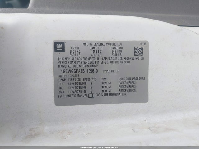2011 Chevrolet Express 2500 Work Van მანქანა იყიდება აუქციონზე, vin: 1GCWGGFA2B1109619, აუქციონის ნომერი: 46204739