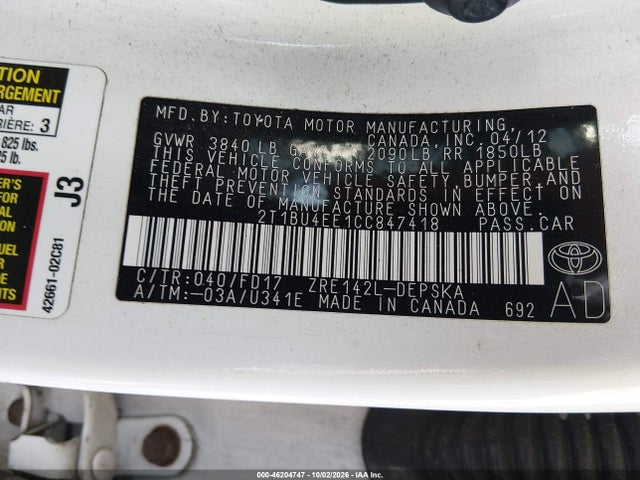 Продаж на аукціоні авто 2012 Toyota Corolla S, vin: 2T1BU4EE1CC847418, номер лоту: 46204747