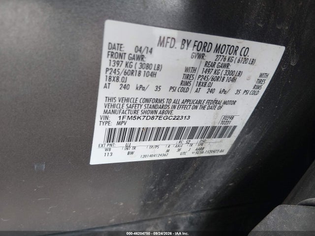 46204750 :رقم المزاد ، 1FM5K7D87EGC22313 vin ، 2014 Ford Explorer Xlt مزاد بيع