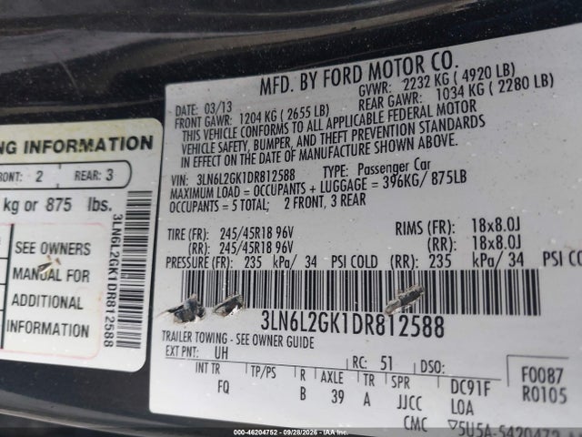 Aukcja sprzedaży 2013 Lincoln Mkz, vin: 3LN6L2GK1DR812588, numer aukcji: 46204752