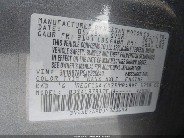 Продаж на аукціоні авто 2018 Nissan Sentra S, vin: 3N1AB7AP0JY320643, номер лоту: 46204787