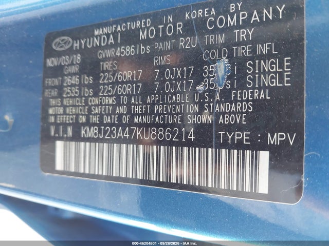 2019 Hyundai Tucson Se მანქანა იყიდება აუქციონზე, vin: KM8J23A47KU886214, აუქციონის ნომერი: 46204801
