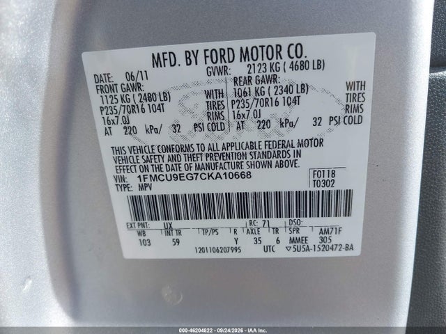 Продаж на аукціоні авто 2012 Ford Escape Limited, vin: 1FMCU9EG7CKA10668, номер лоту: 46204822