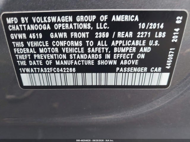 1VWAT7A32FC042266 Volkswagen Passat 1.8t Wolfsburg Edition