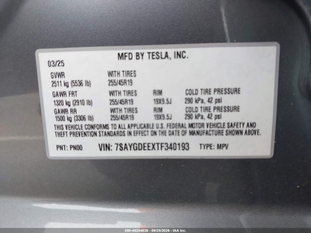 7SAYGDEEXTF340193 Tesla Model Y