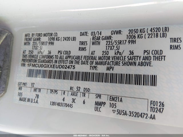 Продаж на аукціоні авто 2014 Ford Escape Se, vin: 1FMCU0GXXEUD02475, номер лоту: 46204841