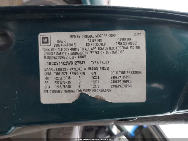 Продаж на аукціоні авто 1998 Chevrolet S-10 Fleetside, vin: 1GCCS14X2W8127847, номер лоту: 46204845