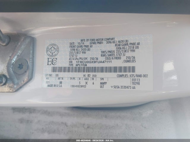 46204846 :رقم المزاد ، 1FMCU0GX9FUA47111 vin ، 2015 Ford Escape Se مزاد بيع