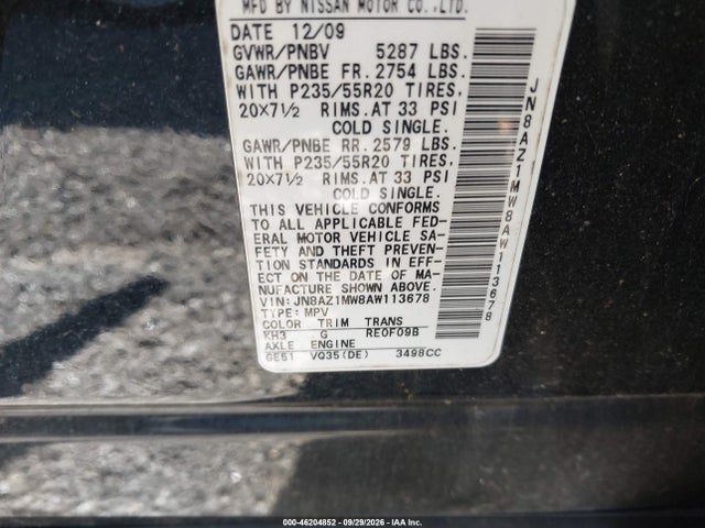 Продаж на аукціоні авто 2010 Nissan Murano Le, vin: JN8AZ1MW8AW113678, номер лоту: 46204852