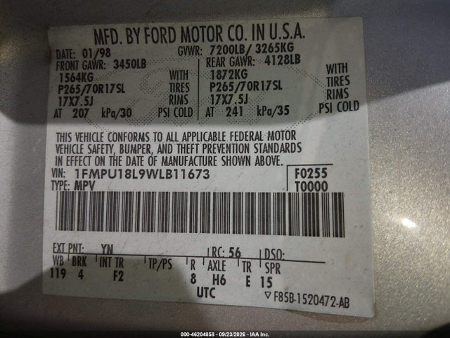 1998 Ford Expedition Eddie Bauer/xlt მანქანა იყიდება აუქციონზე, vin: 1FMPU18L9WLB11673, აუქციონის ნომერი: 46204858