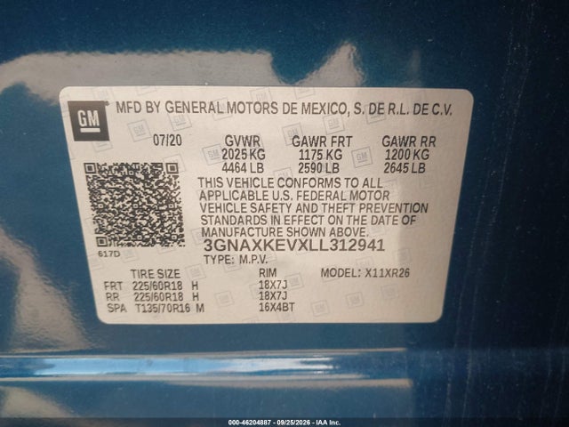 Aukcja sprzedaży 2020 Chevrolet Equinox Fwd Lt 1.5l Turbo, vin: 3GNAXKEVXLL312941, numer aukcji: 46204887