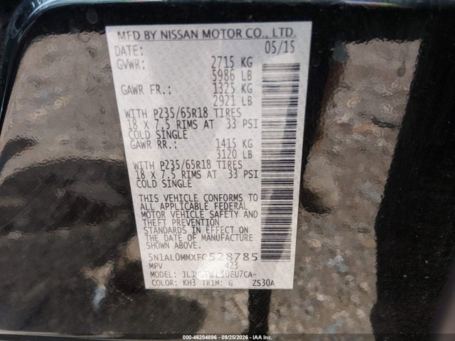 Aukcja sprzedaży 2015 Infiniti Qx60, vin: 5N1AL0MMXFC528785, numer aukcji: 46204896