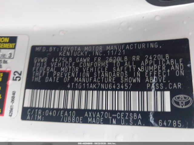 46204909 :رقم المزاد ، 4T1G11AK7NU643457 vin ، 2022 Toyota Camry Se مزاد بيع