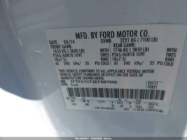 Продажа на аукционе авто 2014 Ford F-150 Xlt, vin: 1FTFX1CF2EFB87600, номер лота: 46204911