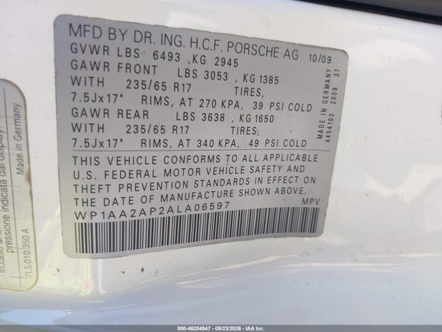 Продаж на аукціоні авто 2010 Porsche Cayenne, vin: WP1AA2AP2ALA06597, номер лоту: 46204947