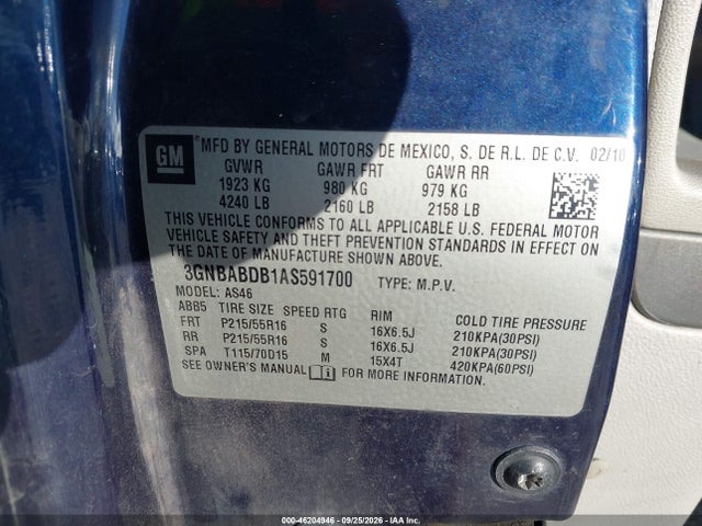 2010 Chevrolet Hhr Lt W/1lt მანქანა იყიდება აუქციონზე, vin: 3GNBABDB1AS591700, აუქციონის ნომერი: 46204946