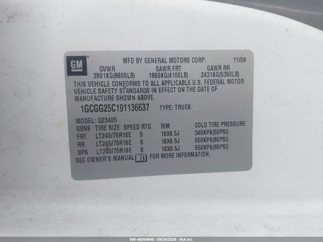 2009 Chevrolet Express Work Van მანქანა იყიდება აუქციონზე, vin: 1GCGG25C191136637, აუქციონის ნომერი: 46204948