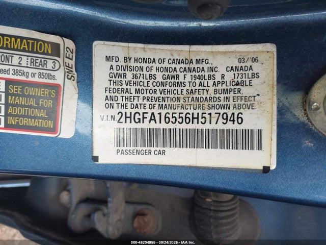 46204955 :رقم المزاد ، 2HGFA16556H517946 vin ، 2006 Honda Civic Sdn Lx مزاد بيع