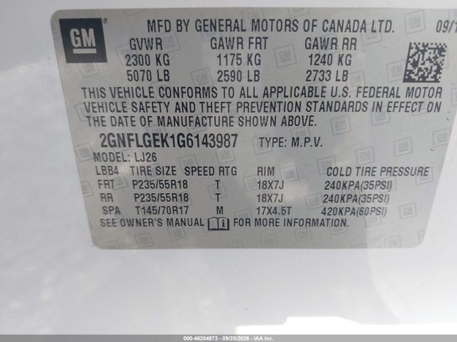 Aukcja sprzedaży 2016 Chevrolet Equinox Ltz, vin: 2GNFLGEK1G6143987, numer aukcji: 46204973