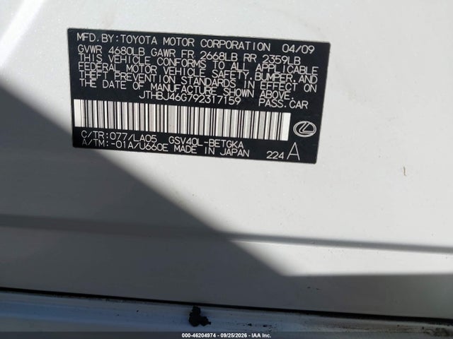 Продажа на аукционе авто 2009 Lexus Es 350, vin: JTHBJ46G792317159, номер лота: 46204974