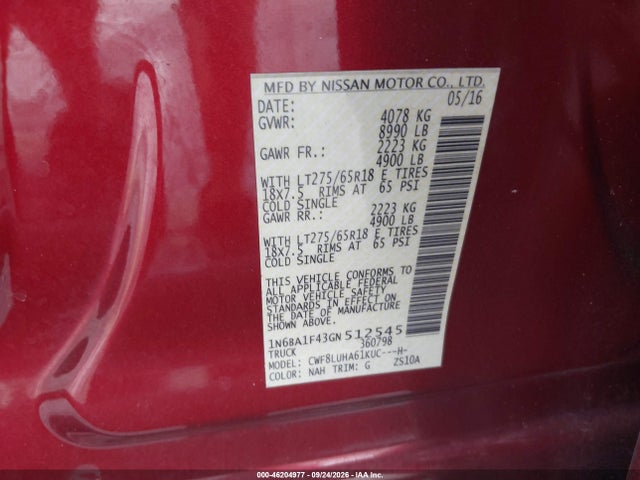 2016 Nissan Titan Xd Pro-4x Diesel მანქანა იყიდება აუქციონზე, vin: 1N6BA1F43GN512545, აუქციონის ნომერი: 46204977