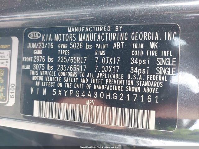 2017 Kia Sorento 2.4l Lx მანქანა იყიდება აუქციონზე, vin: 5XYPG4A30HG217161, აუქციონის ნომერი: 46204990