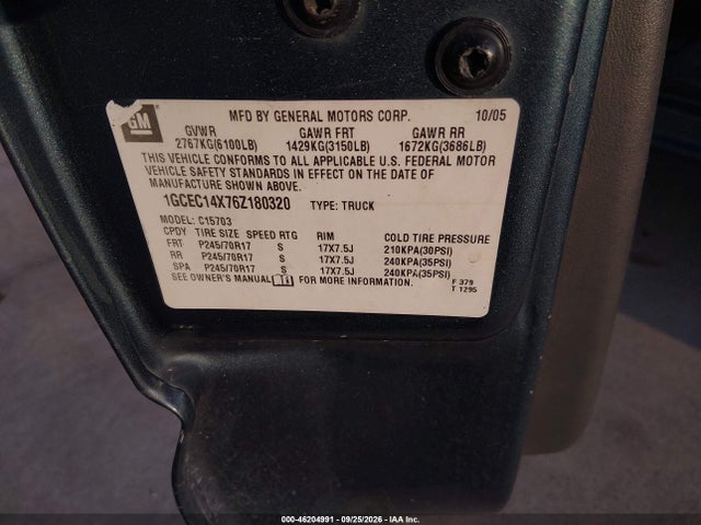 2006 Chevrolet Silverado 1500 Work Truck მანქანა იყიდება აუქციონზე, vin: 1GCEC14X76Z180320, აუქციონის ნომერი: 46204991