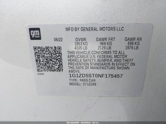 Aukcja sprzedaży 2022 Chevrolet Malibu Fwd Lt, vin: 1G1ZD5ST0NF175457, numer aukcji: 46205000