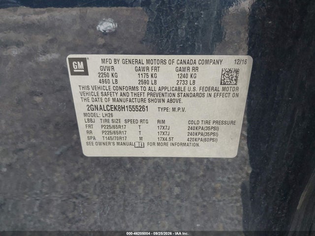 Aukcja sprzedaży 2017 Chevrolet Equinox Lt, vin: 2GNALCEK8H1555261, numer aukcji: 46205004