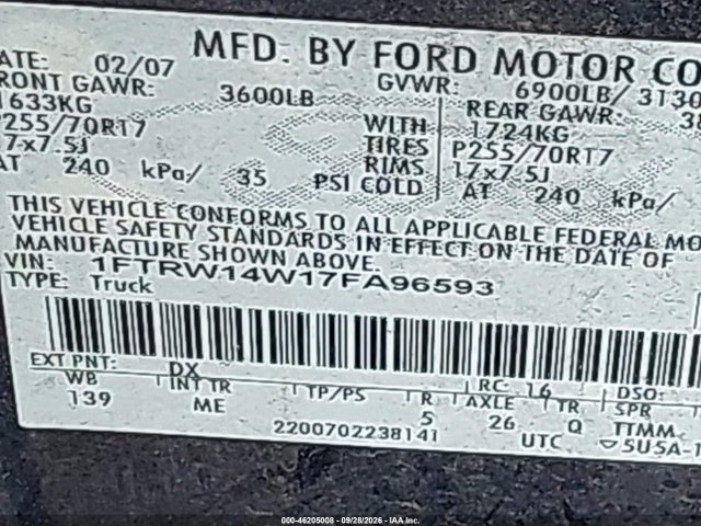 Продажа на аукционе авто 2007 Ford F-150 Xlt, vin: 1FTRW14W17FA96593, номер лота: 46205008