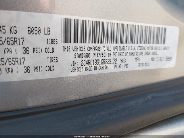 2016 Chrysler Town & Country Touring მანქანა იყიდება აუქციონზე, vin: 2C4RC1BG1GR229172, აუქციონის ნომერი: 46205011