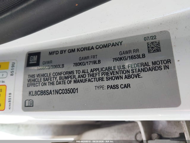Продаж на аукціоні авто 2022 Chevrolet Spark Fwd Ls Automatic, vin: KL8CB6SA1NC035001, номер лоту: 46205018