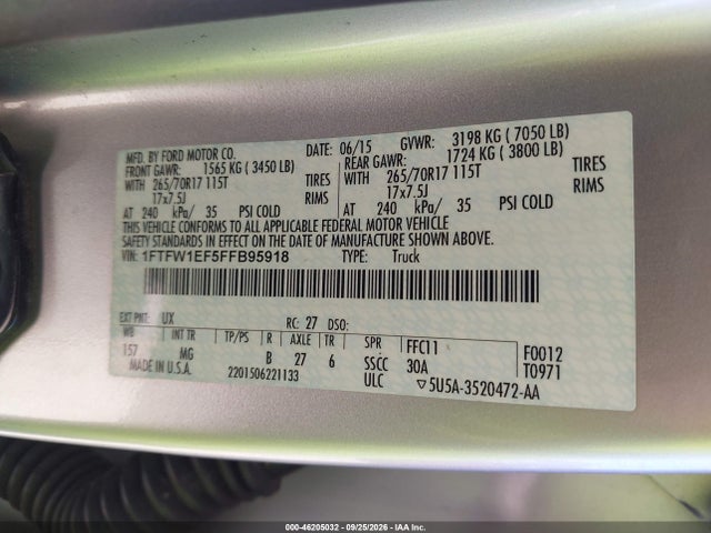 Продаж на аукціоні авто 2015 Ford F-150 Xlt, vin: 1FTFW1EF5FFB95918, номер лоту: 46205032
