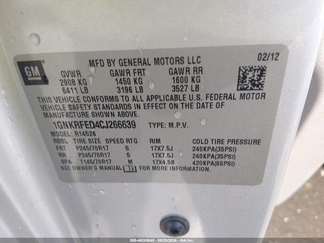 46205040 :رقم المزاد ، 1GNKRFED4CJ266639 vin ، 2012 Chevrolet Traverse Ls مزاد بيع