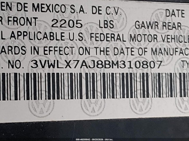 46205042 :رقم المزاد ، 3VWLX7AJ8BM310807 vin ، 2011 Volkswagen Jetta 2.5l Sel مزاد بيع